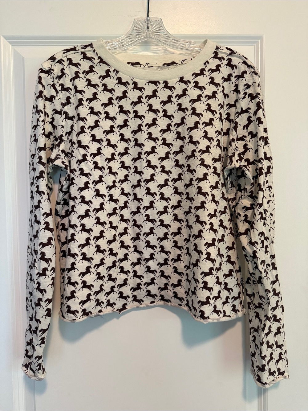 Anthropologie Maeve Cream Long-Sleeve Top with Brown Horse Print Sz S